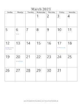 March 2023 Calendar (vertical) Calendar