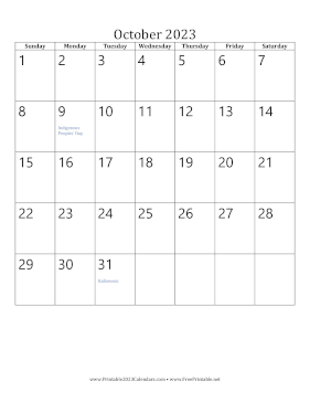 October 2023 Calendar (vertical) Calendar