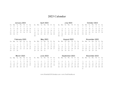 2023 Calendar One Page Horizontal Descending Calendar