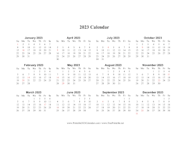 2023 Calendar One Page Horizontal Descending Holidays In Red Calendar