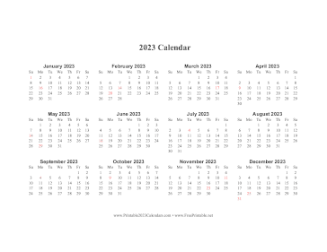 2023 Calendar One Page Horizontal Holidays In Red Calendar