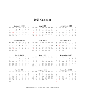 2023 Calendar One Page Vertical Descending Holidays in Red Calendar