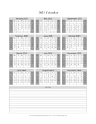 2023 Calendar One Page Vertical Grid Descending Shaded Weekends Notes calendar